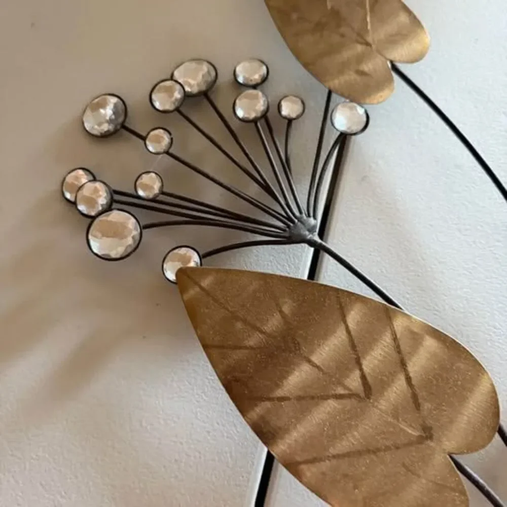 Metal Floral Wall Art with Gold Leaves and Crystal Accents